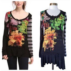 Desigual Damen Black Floral Stripe Tunic Top Sz Medium Asymmetric Hem